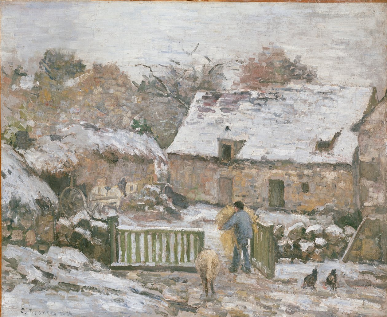 Bauernhof in Montfoucault: Schneeeffekt, 1874-1876 von Camille Pissarro