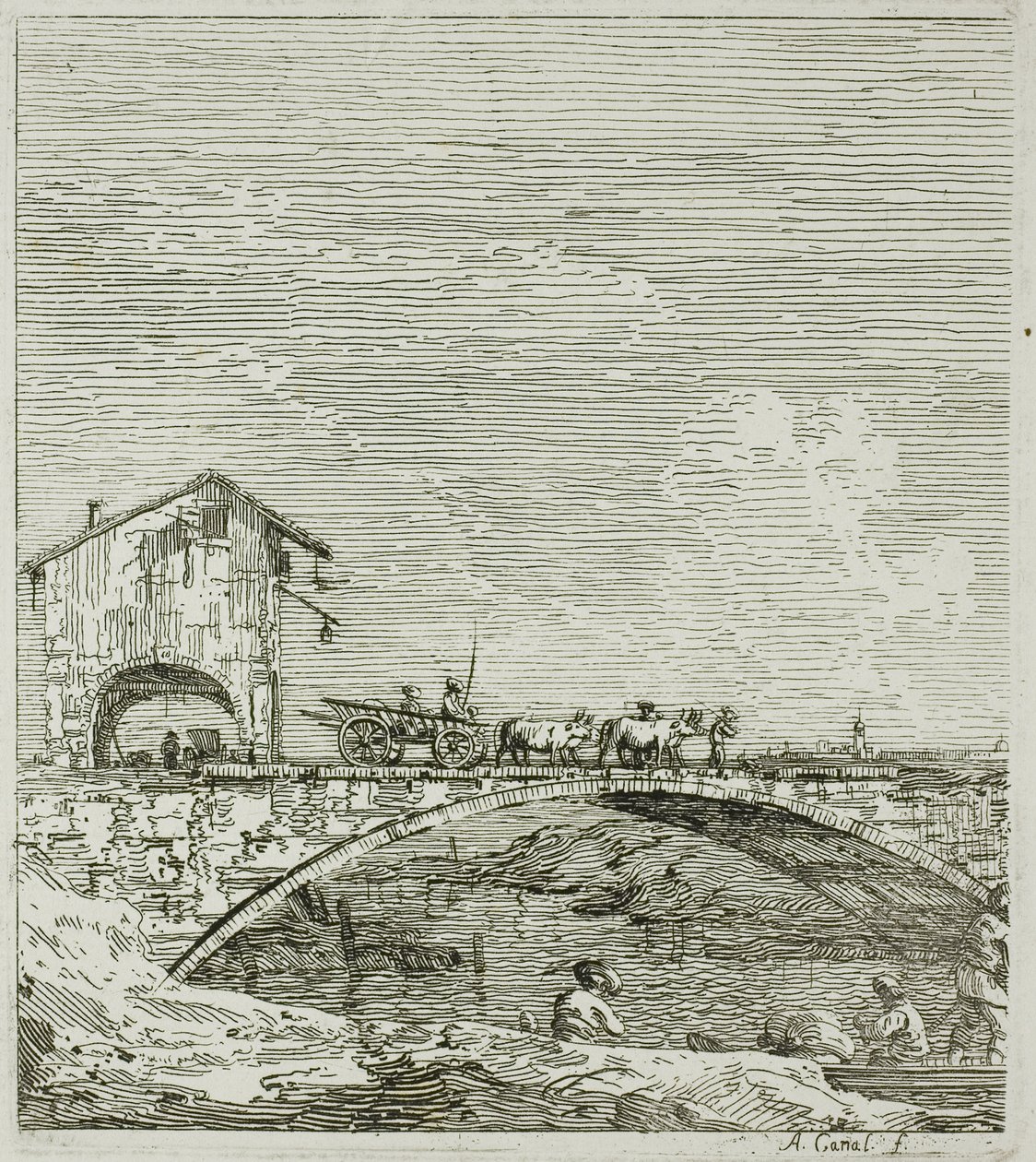 Der Wagen überquert eine Brücke, aus Vedute von Canaletto