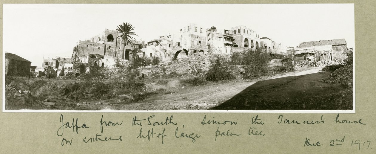 Jaffa von Süden, Haus von Simon dem Gerber links von der Palme, 2. Dezember 1917 von Capt. Arthur Rhodes