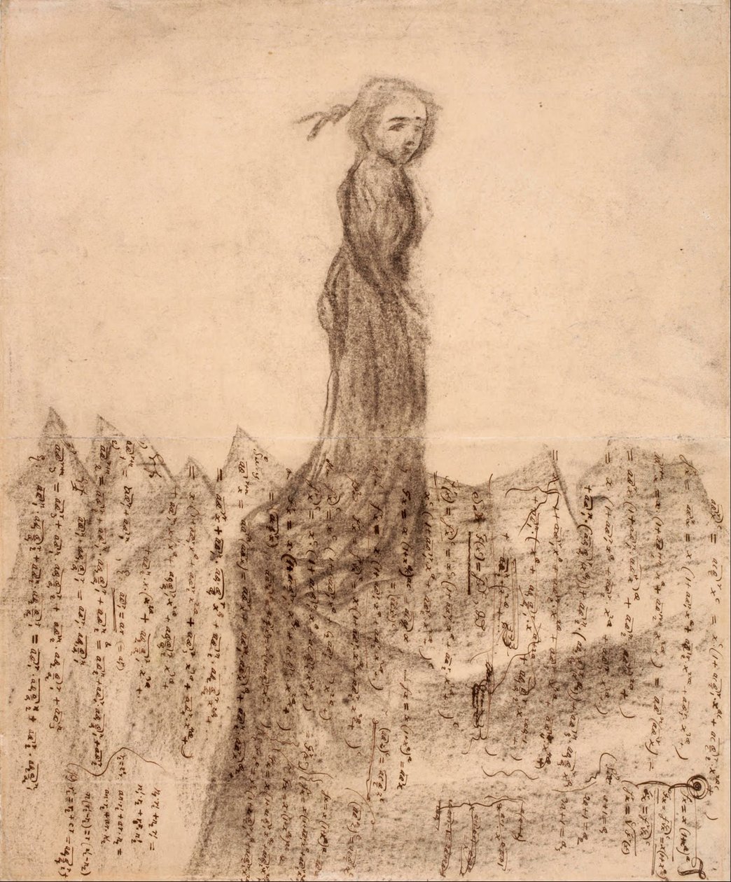 Ohne Titel (Frau in Bergen von mathematischen Manuskripten) von Carl Fredrik Hill