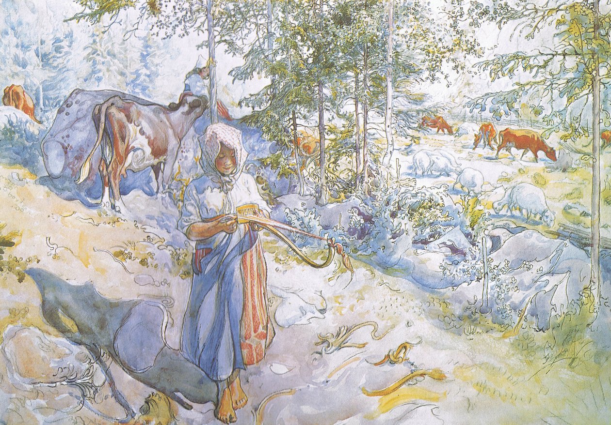 Zuletzt kam die kleine Kertsi mit einem Weidenzweig, um die Kühe zu treiben von Carl Larsson