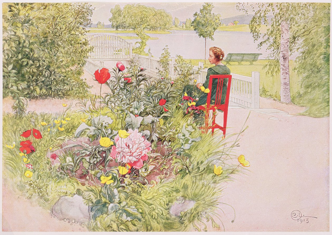 Sommer in Sundborn, 1913, aus einem kommerziell gedruckten Portfolio, veröffentlicht 1939 (Farblithographie) von Carl Larsson