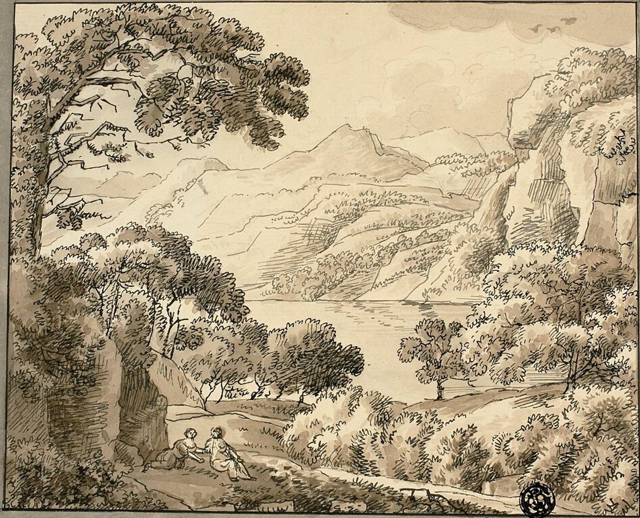 Bergsee mit zwei Figuren von Carl August Lebschee