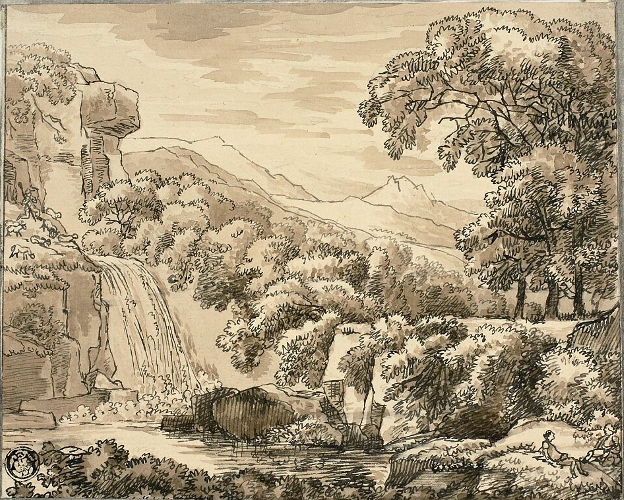 Berglandschaft mit Wasserfall und Figuren von Carl August Lebschee