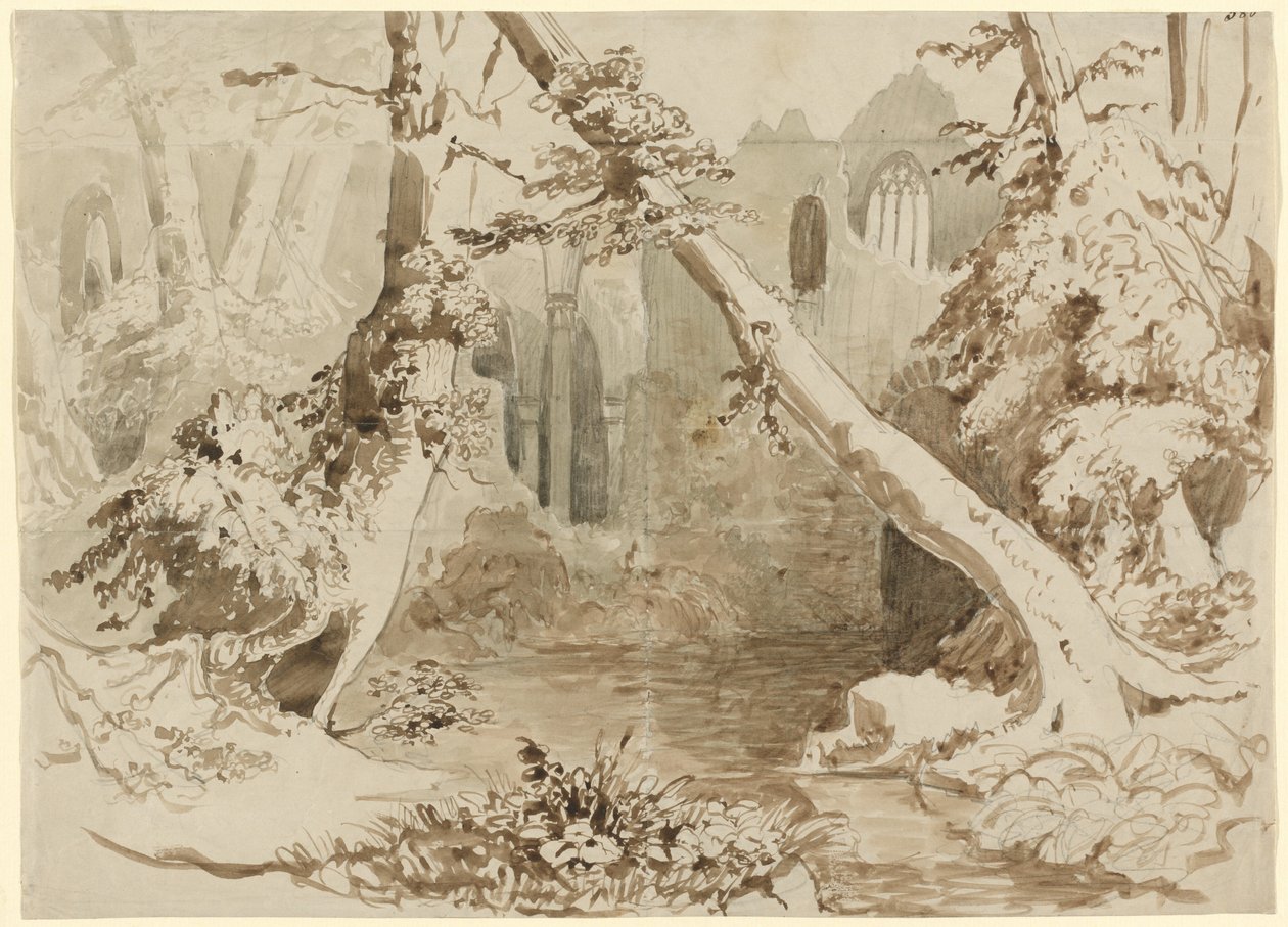 Eine zerstörte Kirche im Wald von Carl Blechen