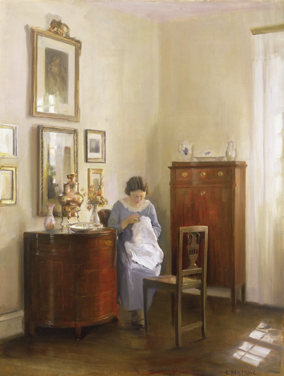 Innenraum mit nähender Dame, ca. 1910 von Carl Holsoe