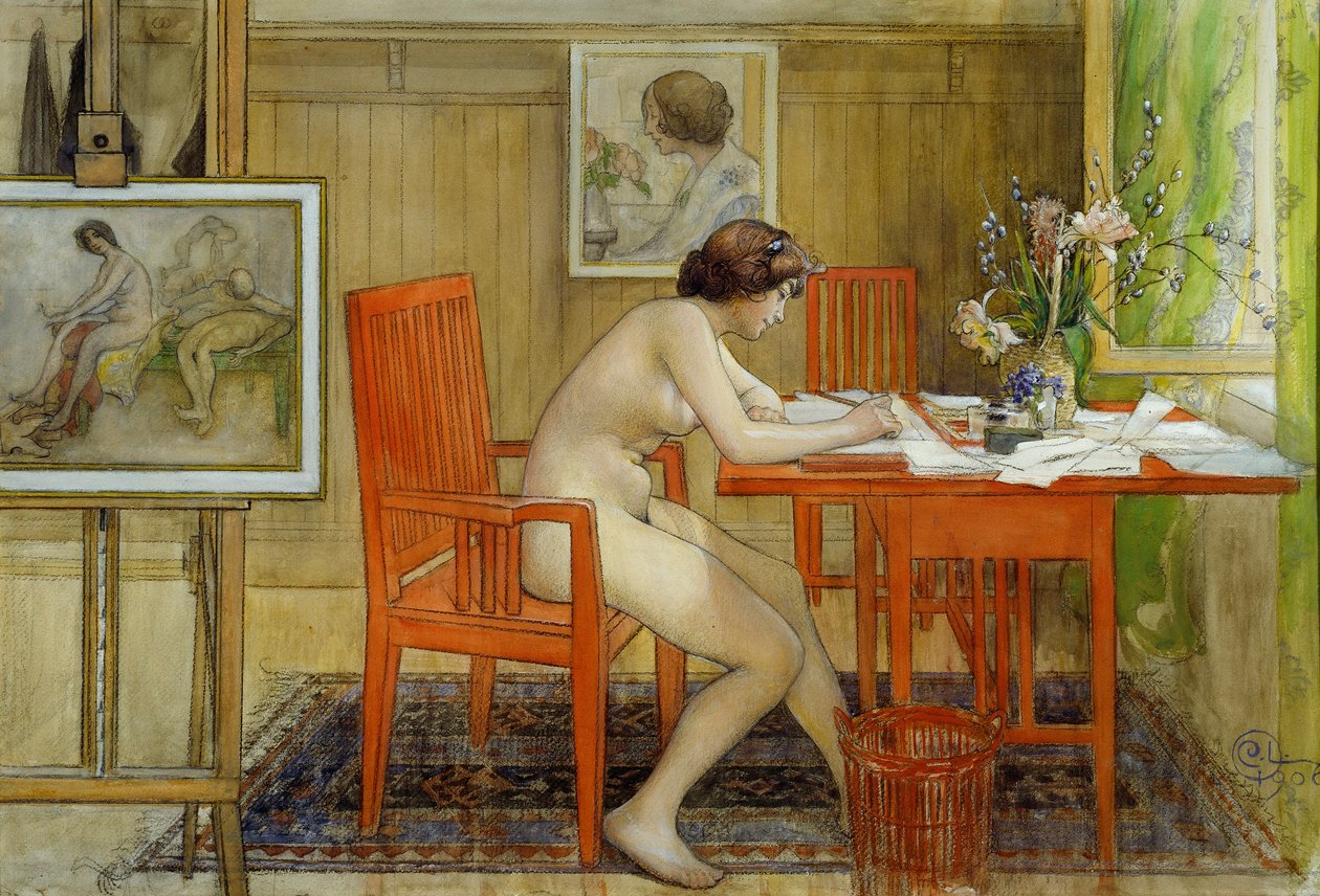 Das Modell schreibt eine Postkarte von Carl Larsson