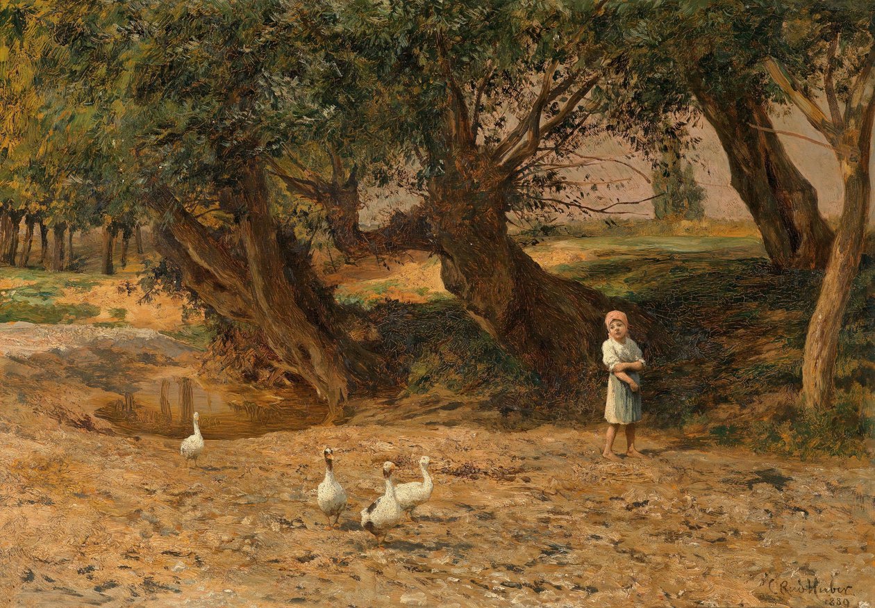 Das kleine Gänsemädchen unter Weiden von Carl Rudolf Huber