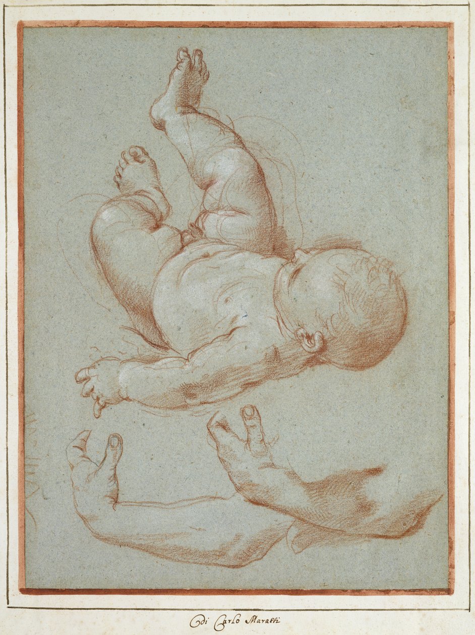 Der Säugling Romulus und zwei Studien eines linken Männerarms (Kreide auf Papier) von Carlo Maratta or Maratti