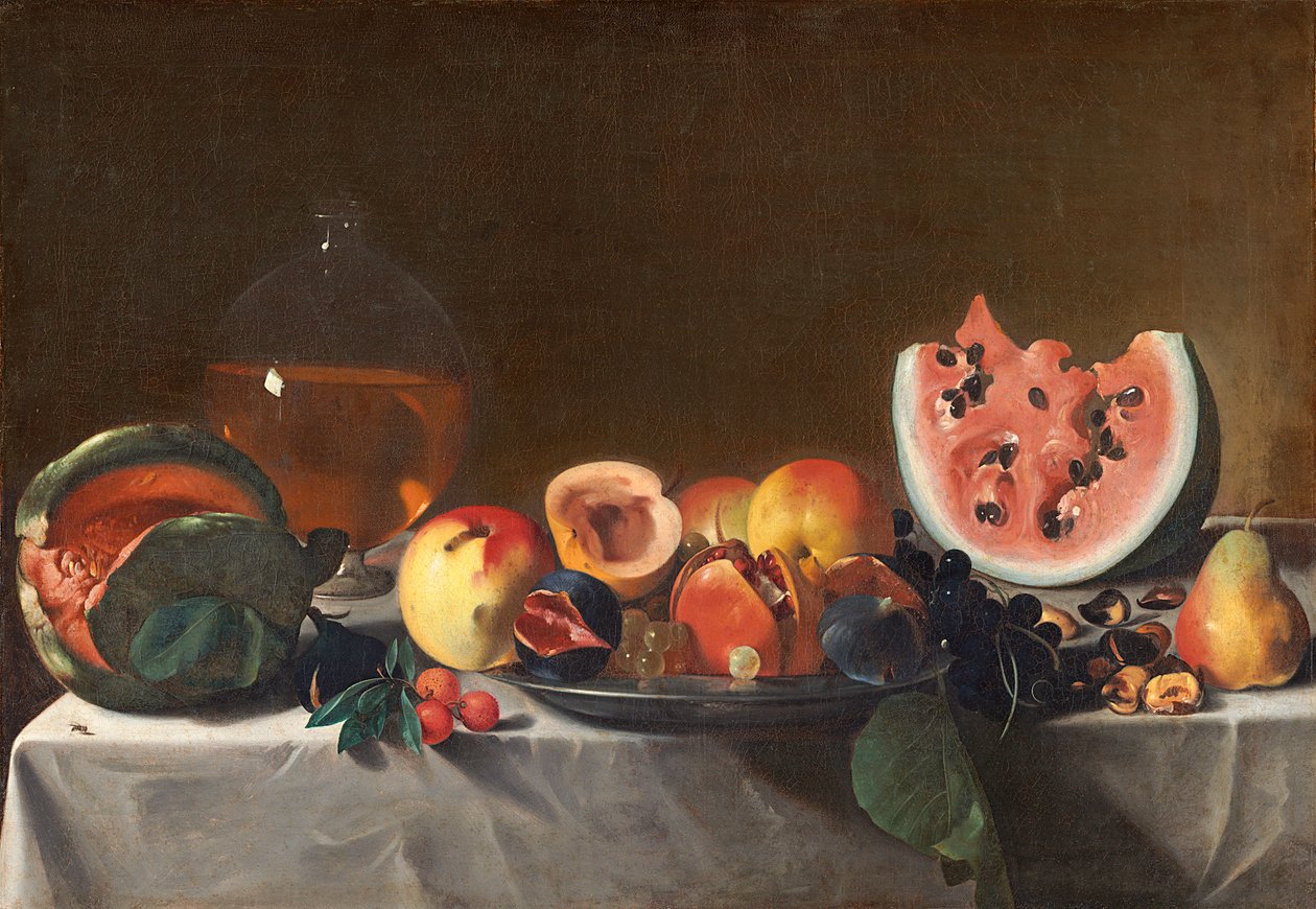 Stillleben mit Wassermelonen und Karaffe Weißwein von Carlo Saraceni