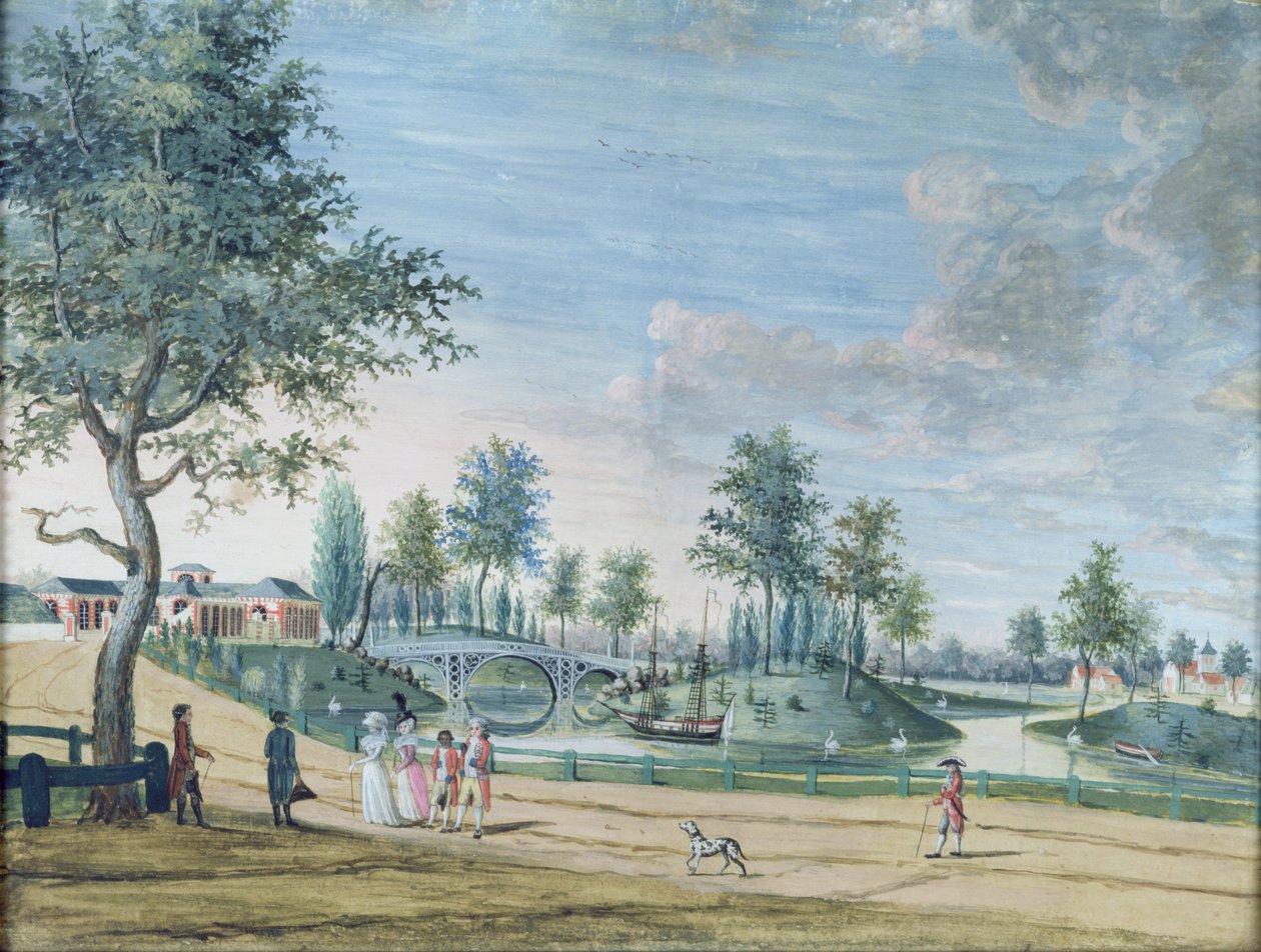 Eisenbahnbrücke, Parc du Raincy (Der Herzog und die Herzogin von Chartres auf dem Weg zur Orangerie) von Louis Carrogis dit Carmontelle