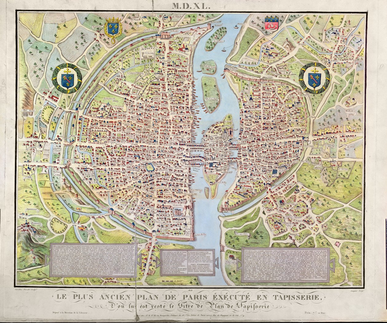 Karte von Paris ca. 1540, bekannt als Plan de la Tapisserie, hergestellt als Wandteppich ca. 1571, 1818 (Farbstich) von Caroline Naudet