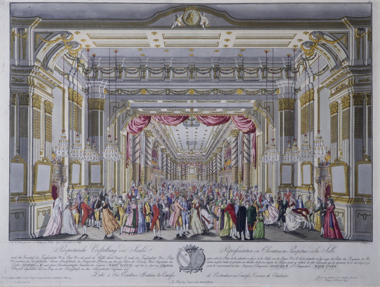 Ball nach der Krönung von Leopold II. zum König von Böhmen in Prag im Jahr 1791 (handkolorierte Gravur) von Caspar Pluth