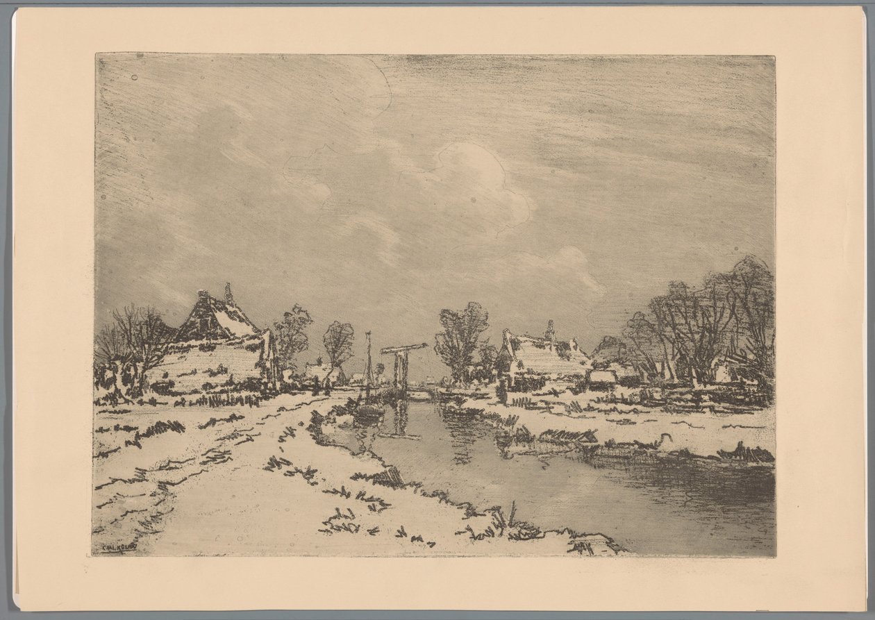 Verschneite Landschaft mit Kanal und Zugbrücke von Casper M.L. Kouw