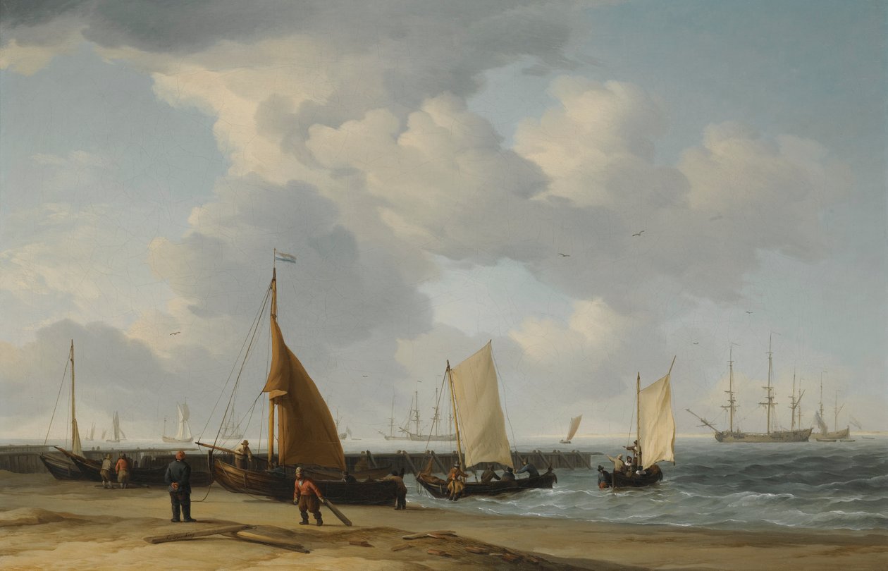 Strandszene mit einem Kriegsschiff in der Ferne von Charles Brooking