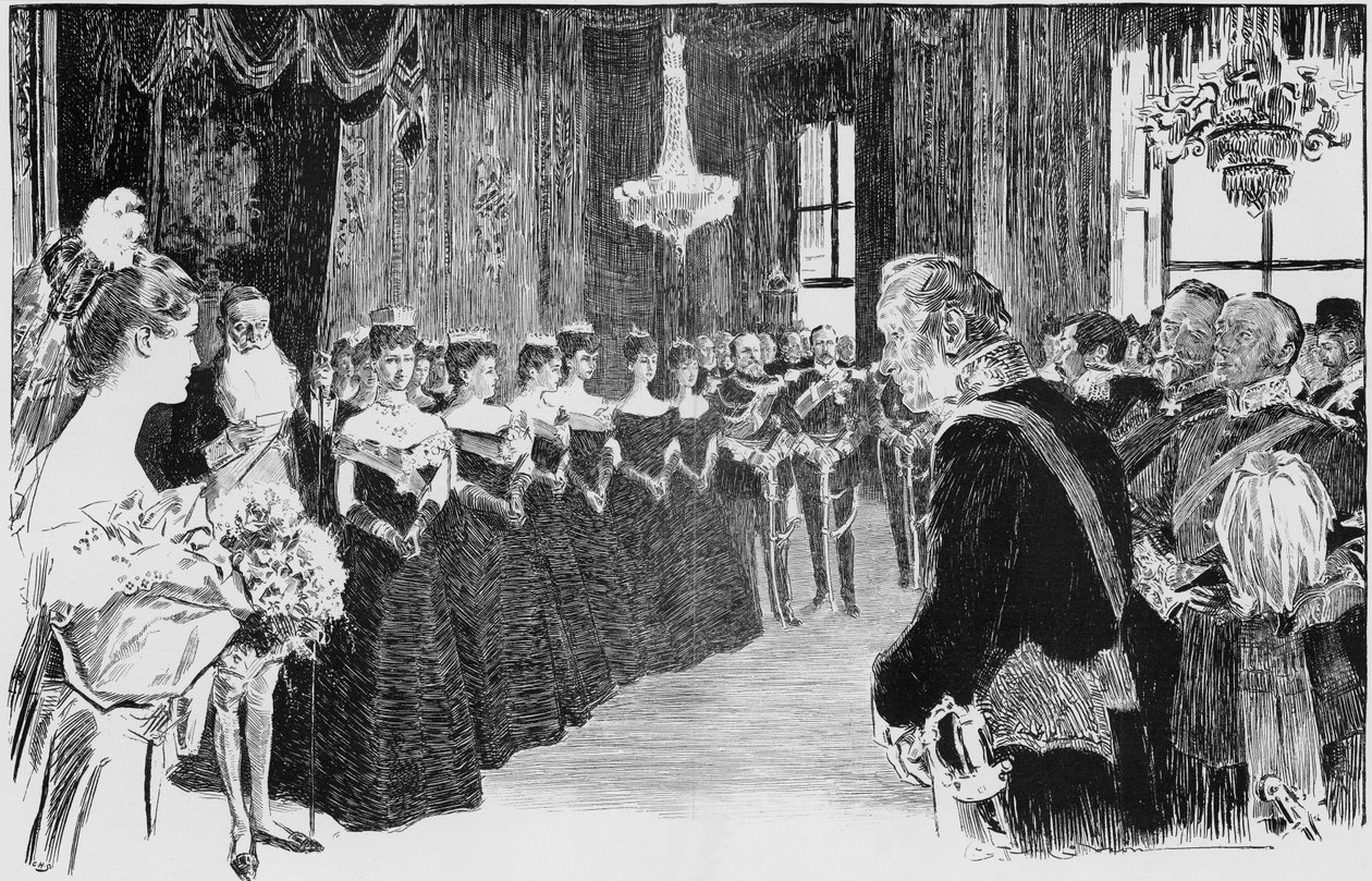 Der erste Blick einer Debütantin auf das Königshaus, eine Szene im Zeichenzimmer der Königin von Charles Dana Gibson