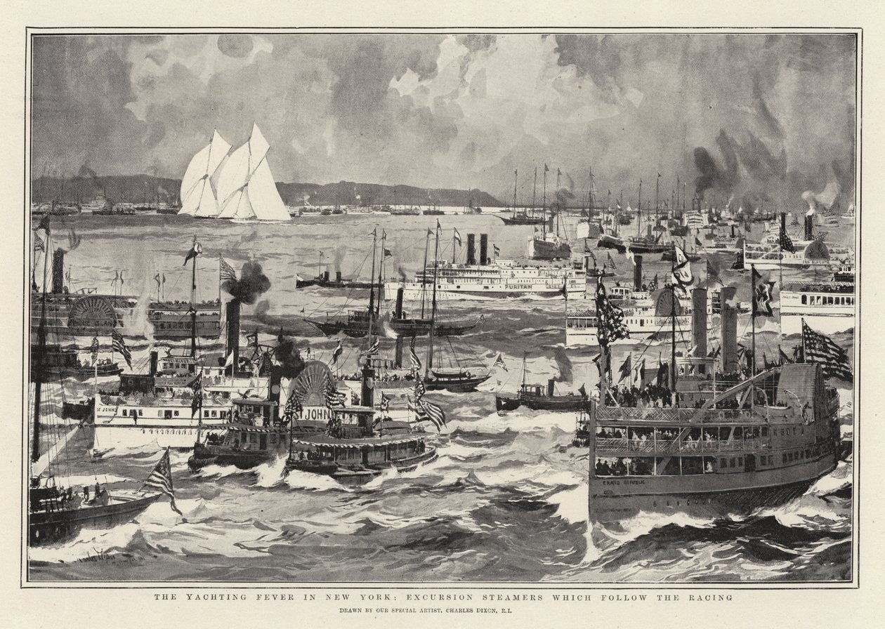 Die Segelfieber in New York, Ausflugsdampfer, die das Rennen verfolgen von Charles Edward Dixon