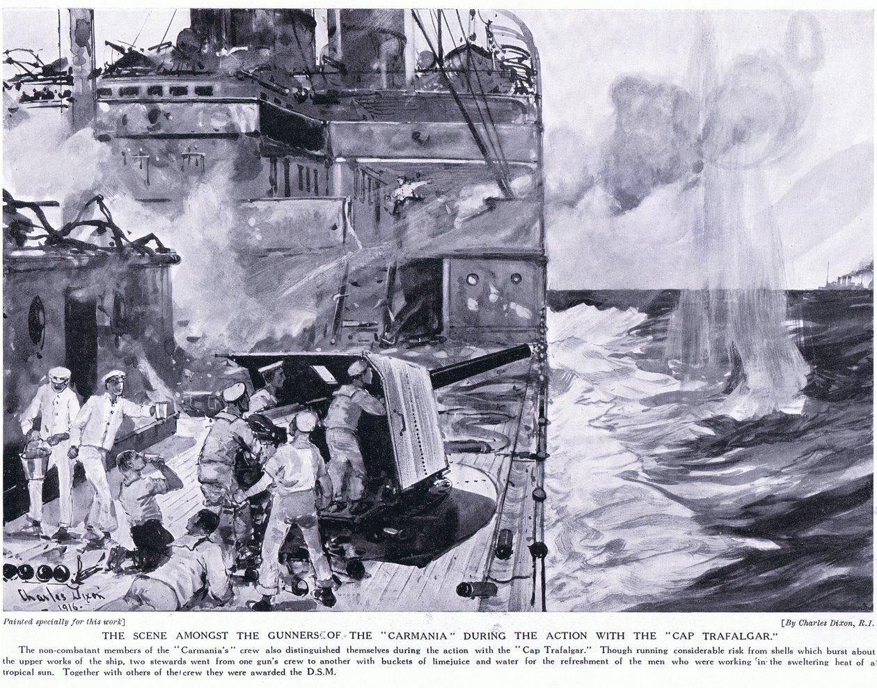 Die Szene unter den Kanonieren der Carmania während der Aktion mit der Cap Trafalgar von Charles Edward Dixon