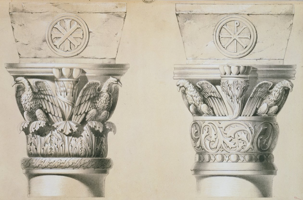 Byzantinische Kapitelle von Säulen im Kirchenschiff der Kirche St. Demetrius in Thessaloniki von Charles Felix Marie Texier