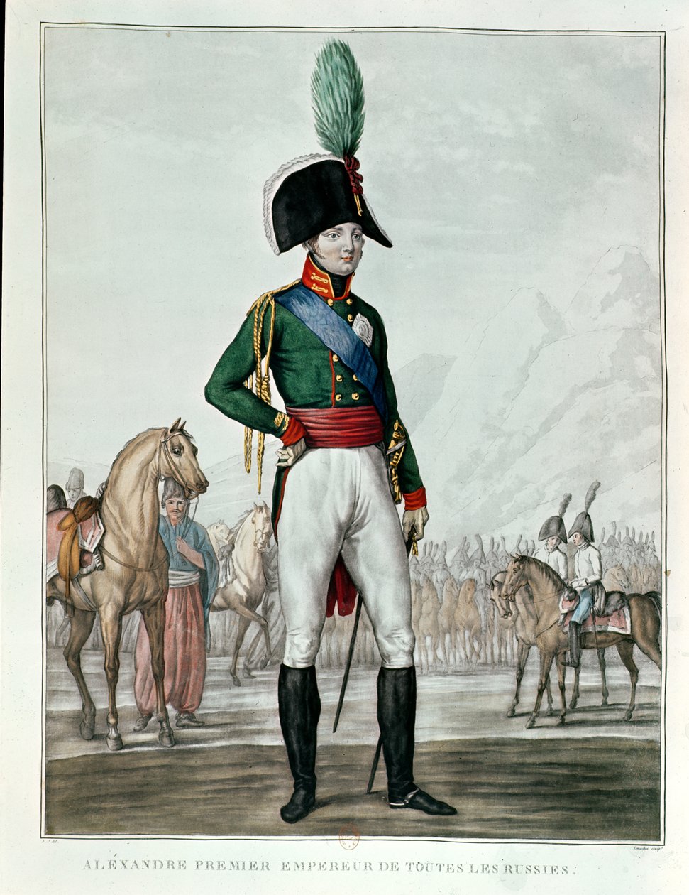 Porträt von Alexander I. Pawlowitsch (1777-1825) mit seiner Armee von Charles Francois Gabriel Levachez