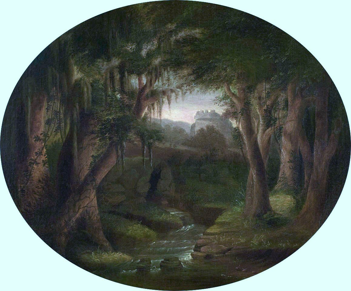 Landschaft mit moosigen Bäumen und fernen Ruinen von Charles Fraser