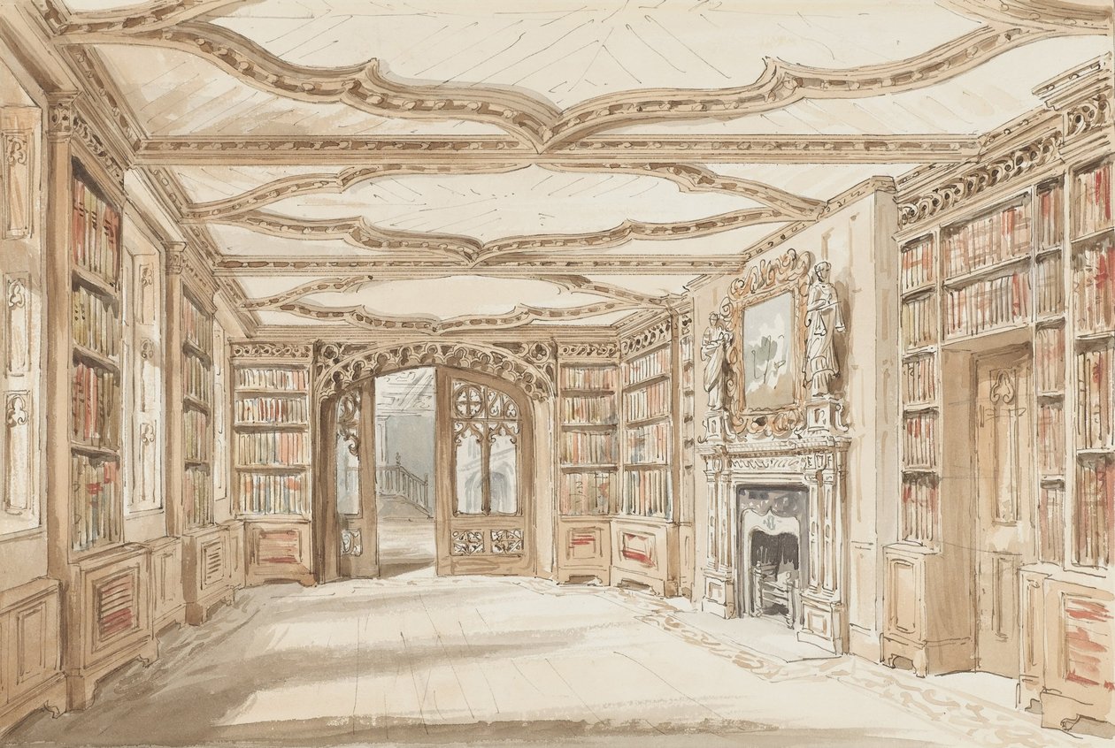 Innenansicht einer Bibliothek im gotischen Stil von Charles James Richardson