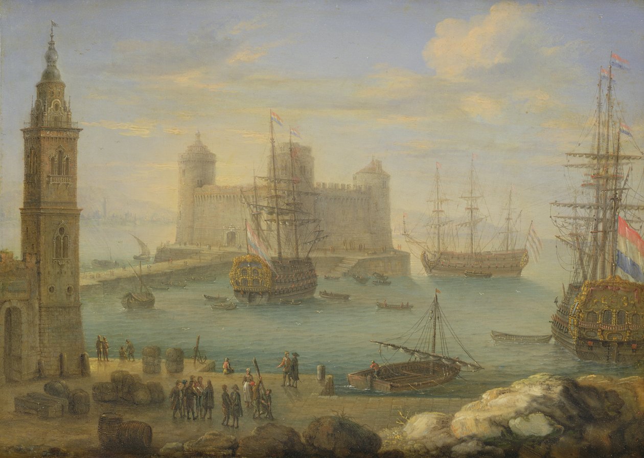 Ein Mittelmeerhafen mit Kriegsschiffen von Charles Laurent Grevenbroeck