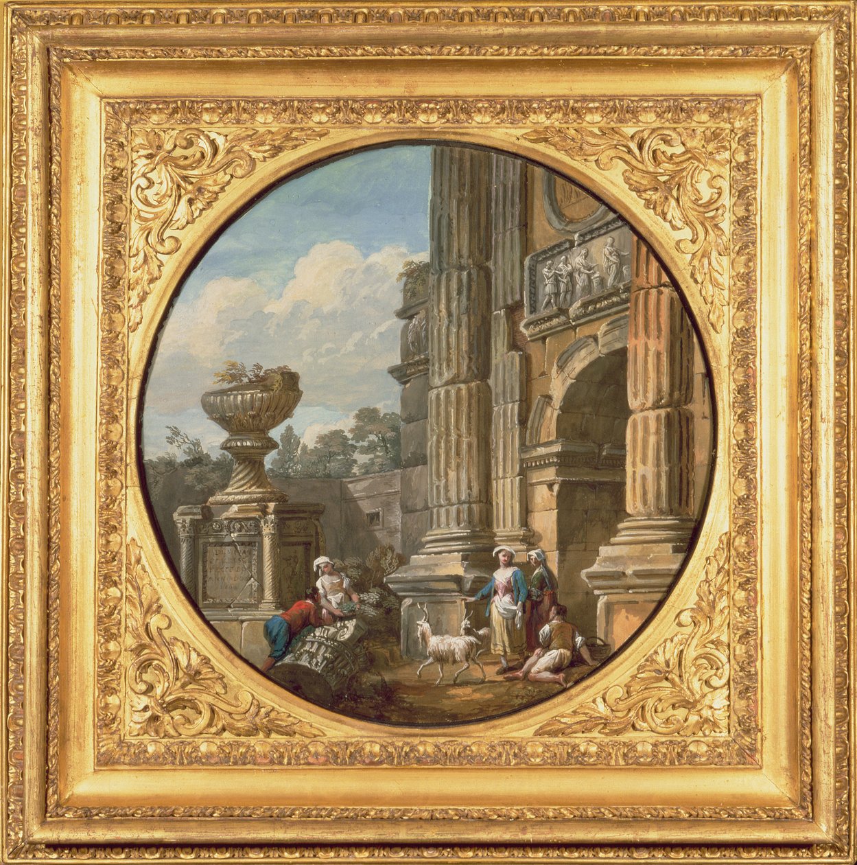 Architektonisches Motiv: Bogen, Grab, Figuren und Ziegen von Charles Louis Clerisseau