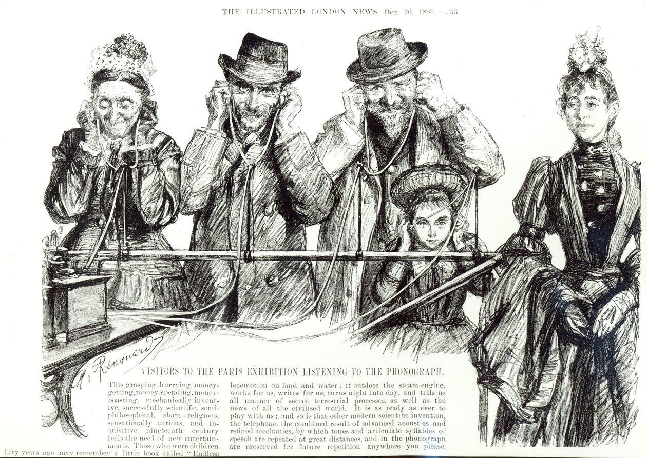 Besucher der Pariser Ausstellung hören den Phonographen, aus 