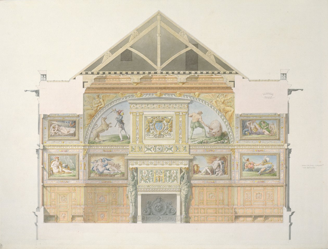 Ms 1014 Erhebung des Ballsaals in Fontainebleau, Tafel aus einem Album von Charles Percier