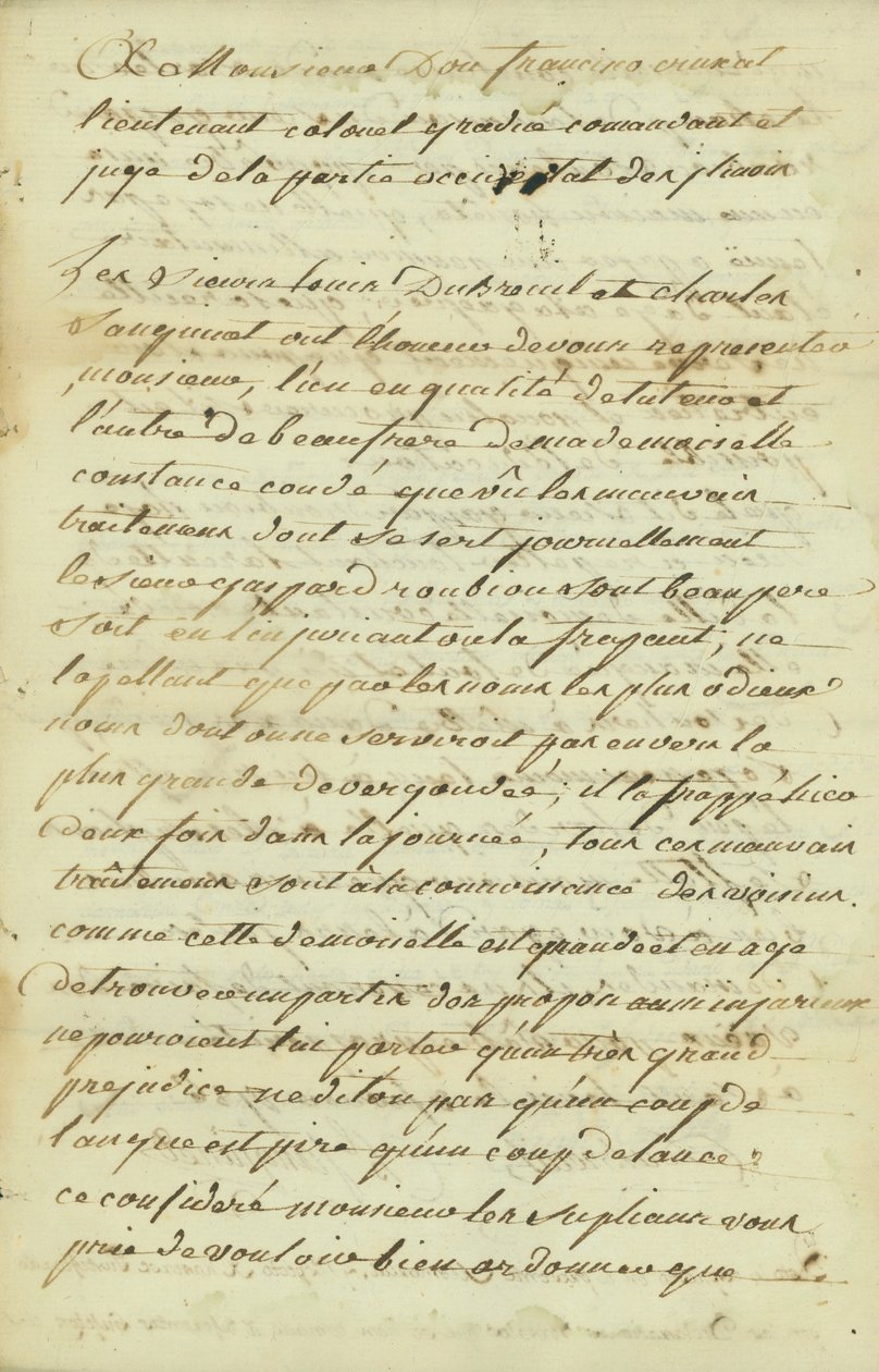 Petition an Monsieur Don Francisco de Cruzat, Oberstleutnant von Charles Sanguinet