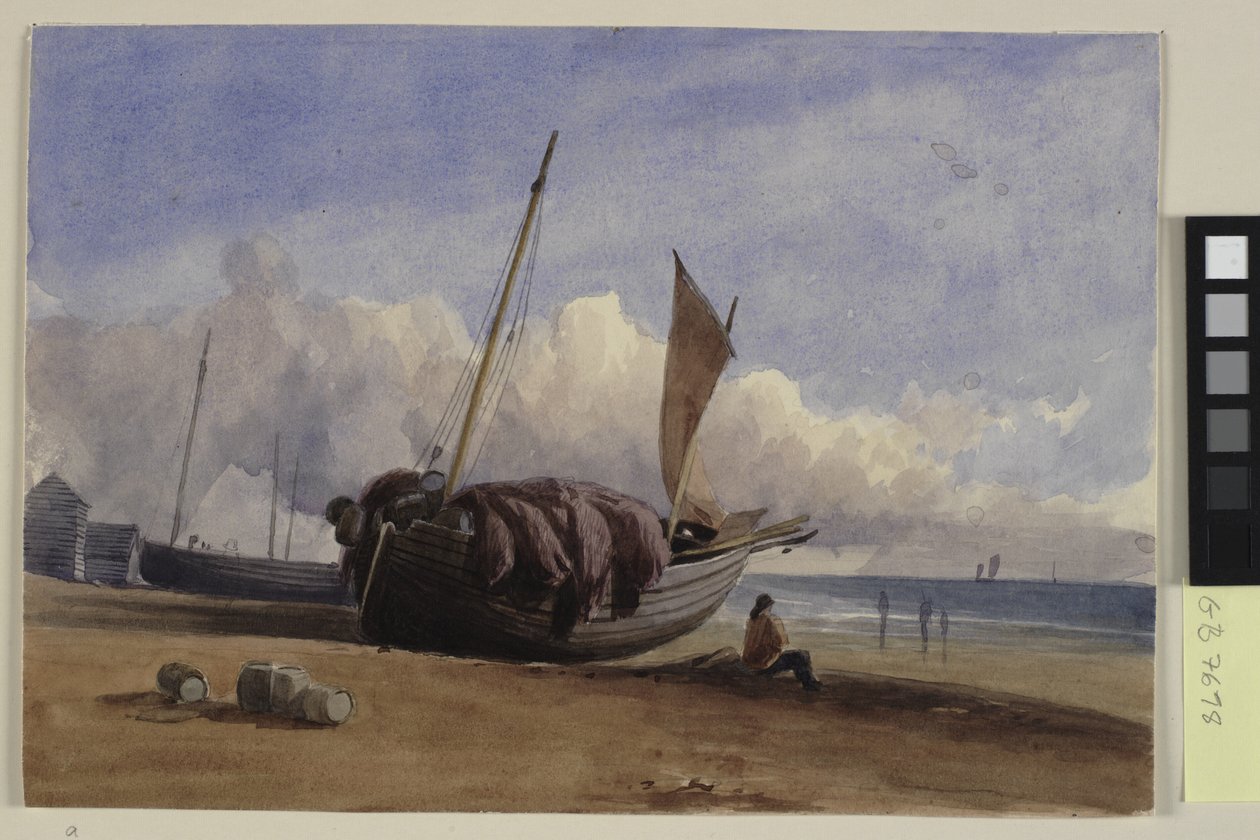 Gestrandetes Fischerboot mit sitzendem Fischer von Charles Bentley