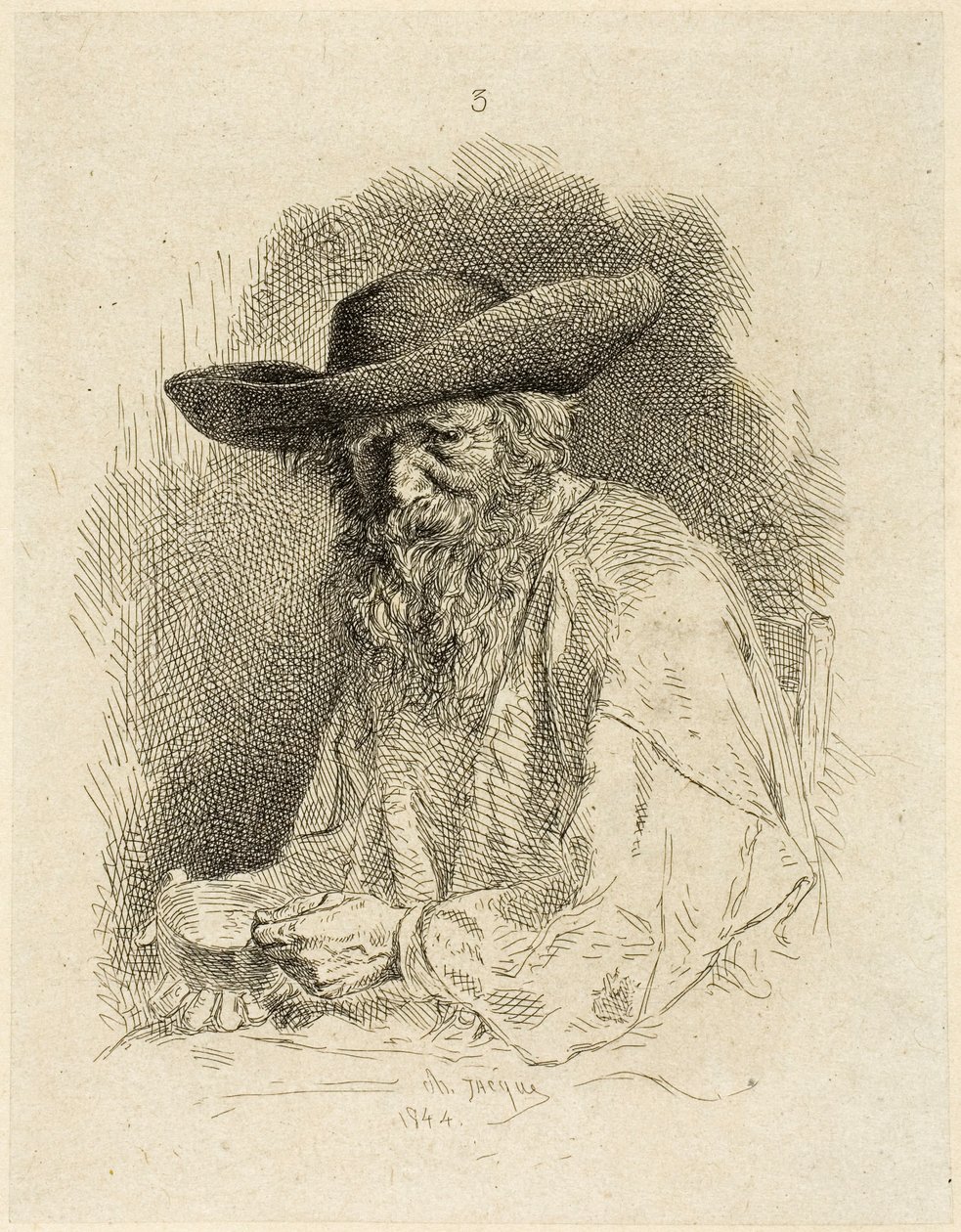 Alter Mann mit Essgeschirr von Charles Emile Jacque