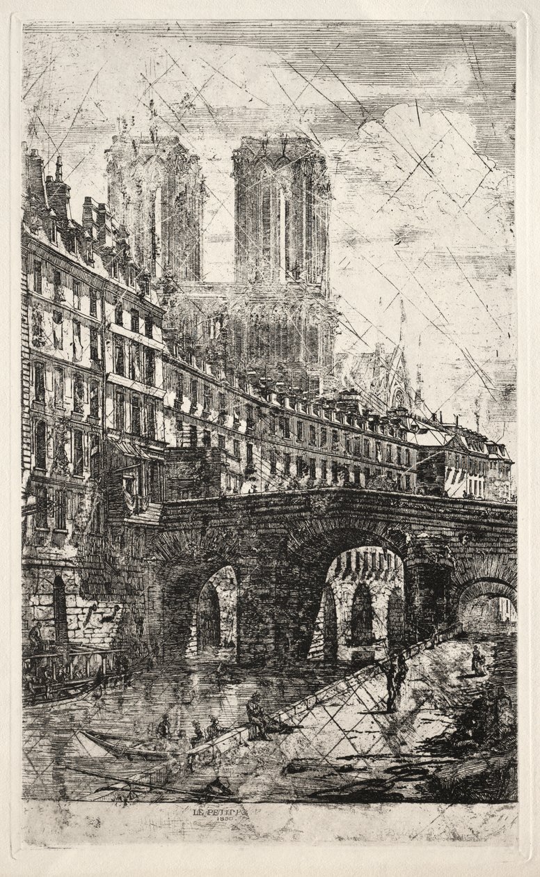 Radierungen von Paris: Die kleine Brücke von Charles Meryon