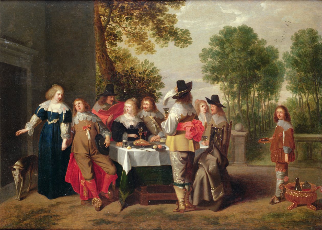 Elegante Gesellschaft an einem Tisch in einem formellen Garten von Christoffel Jacobsz van der Lamen