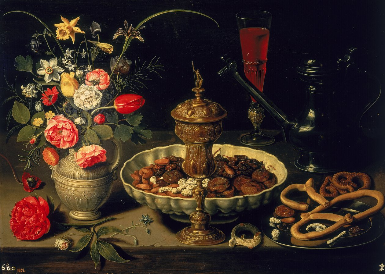 Stillleben mit Blumen und Trockenfrüchten, 1611 von Charlotte Evans
