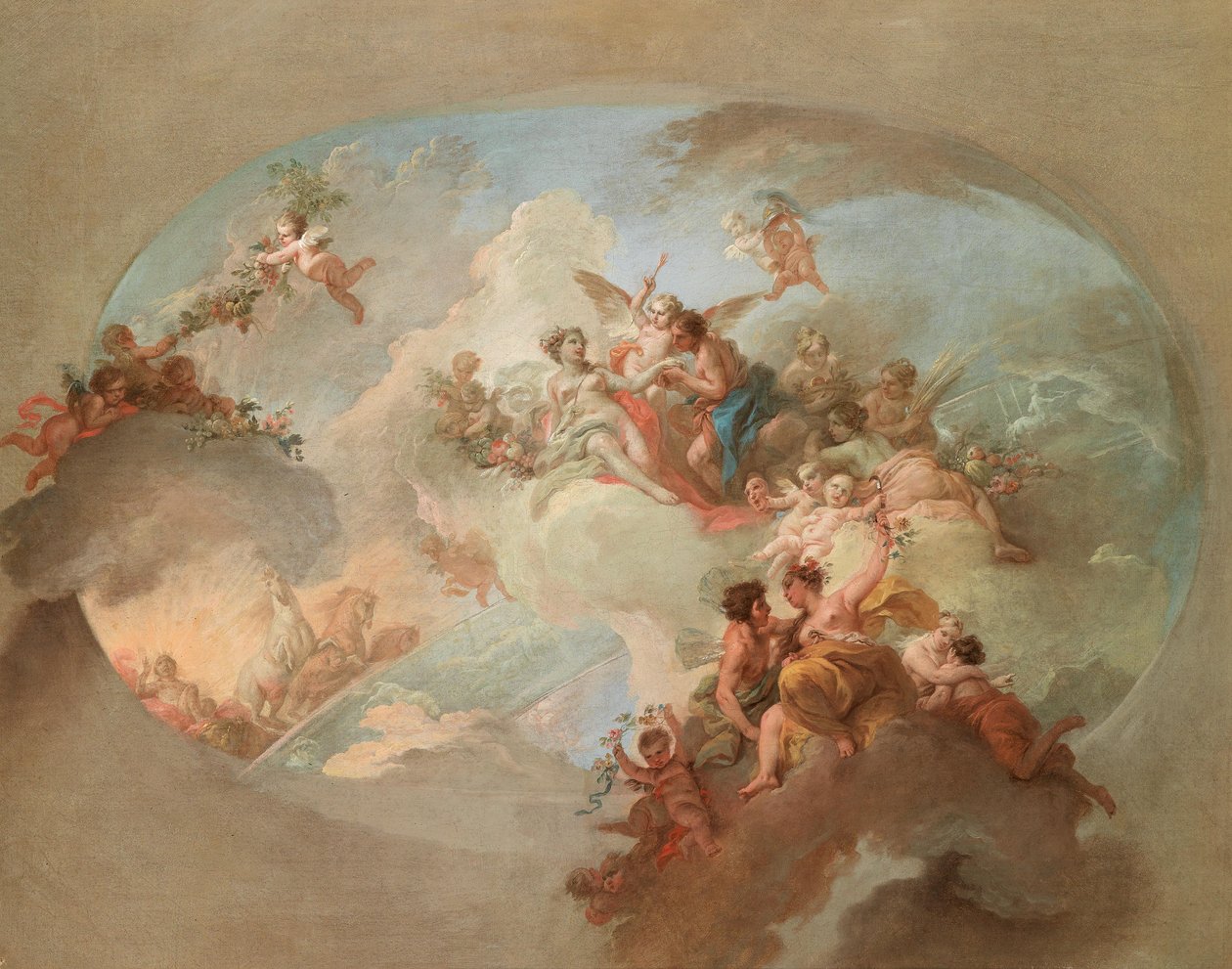 Eine Allegorie des Sommers mit Flora und Zephyr, Mars und Venus, dem Sonnenwagen Apollos und dem Sternbild der Zwillinge (Bozzetto für ein Deckengemälde) von Claudio Francesco Beaumont