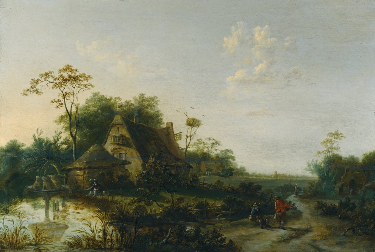 Landschaft mit Figuren, die an einem Häuschen und einem Teich vorbeigehen von Cornelis Snellinck