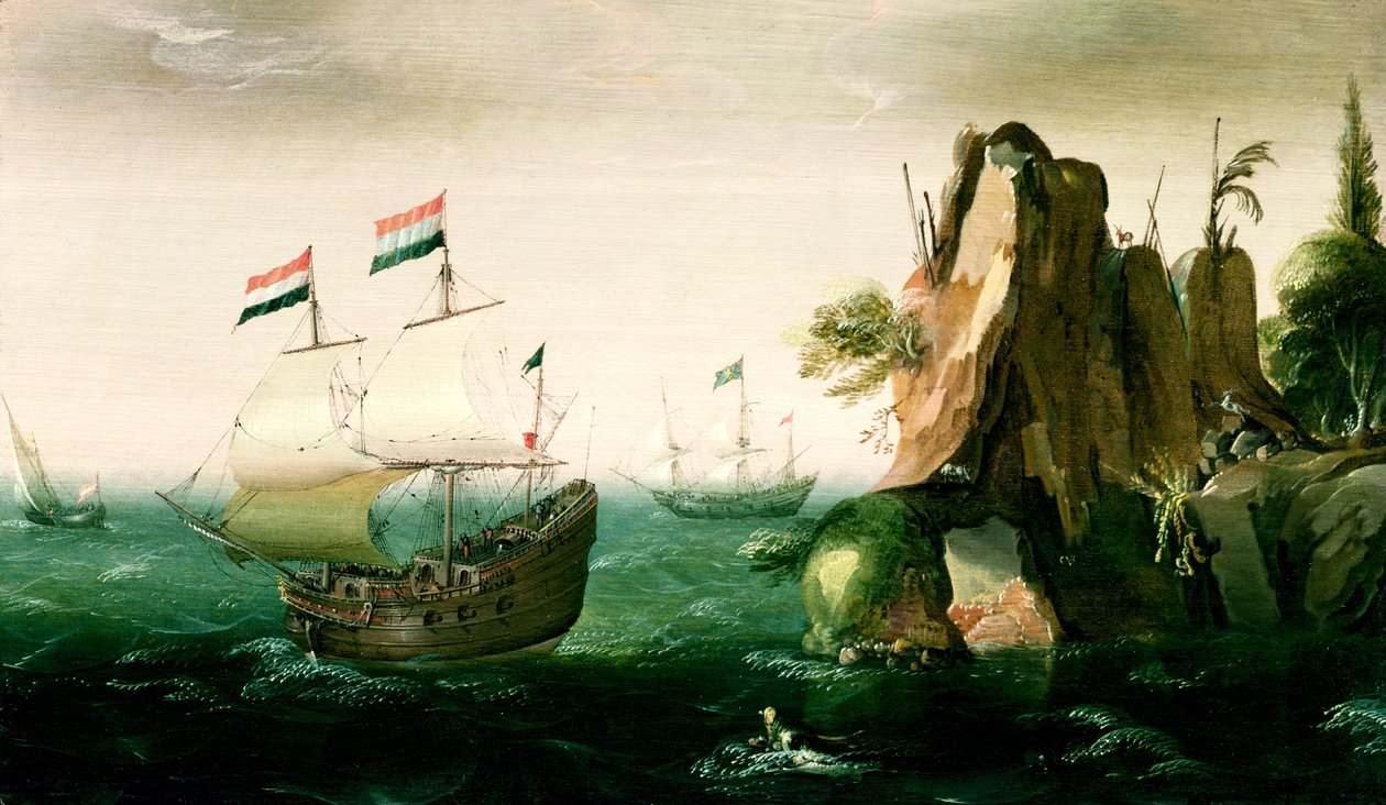 Ein niederländisches Handelsschiff vor einer felsigen Küste von Pieter Cornelisz. Verbeeck