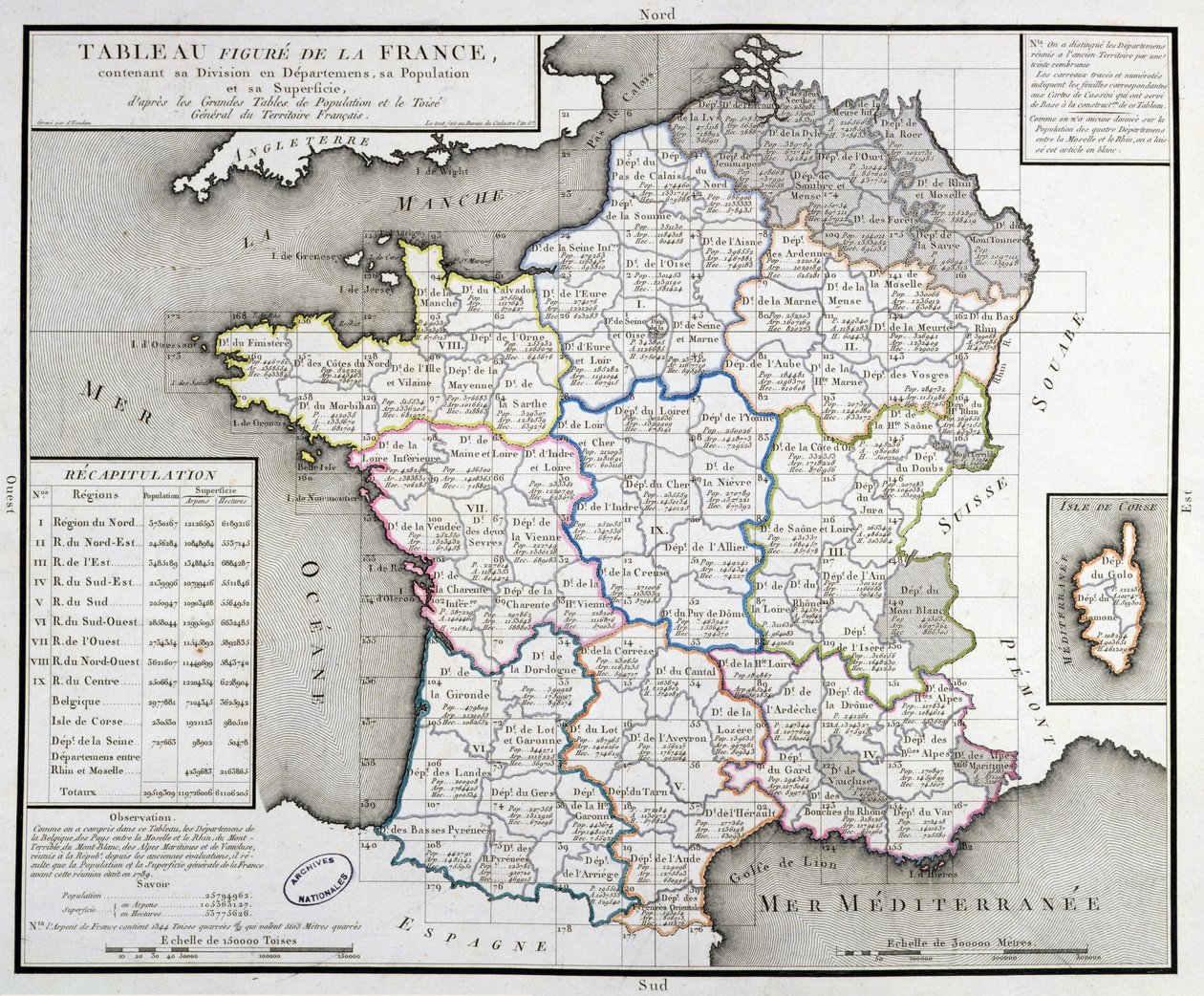 Karte von Frankreich, die die Departementalgrenzen darstellt, 1798 von DHoudan