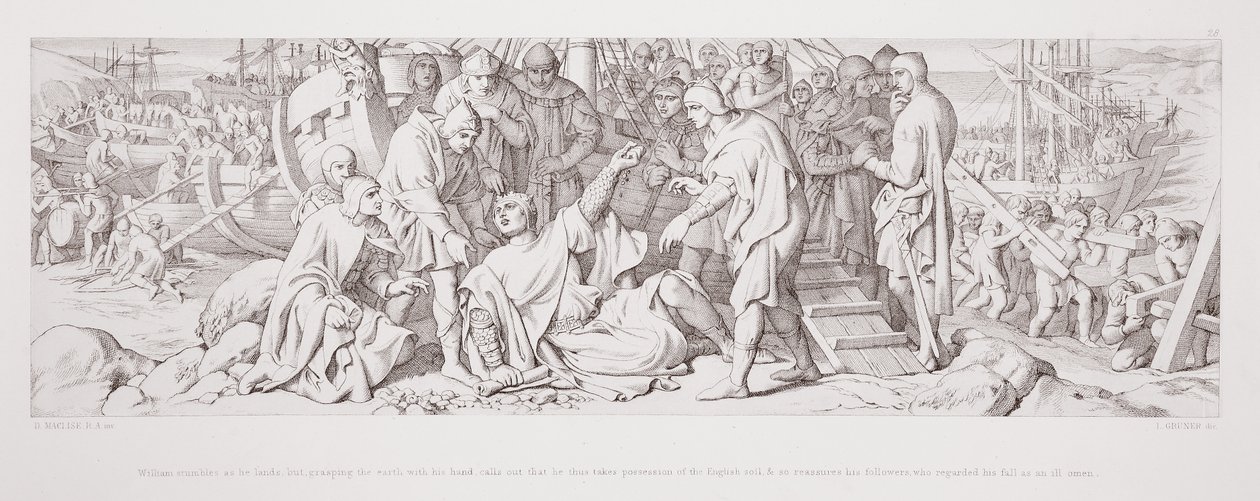 William stolpert bei der Landung, aber ergreift die Erde mit seiner Hand und ruft aus, dass er den englischen Boden in Besitz nimmt, und beruhigt so seine Anhänger, die seinen Sturz als schlechtes Omen betrachteten von Daniel Maclise