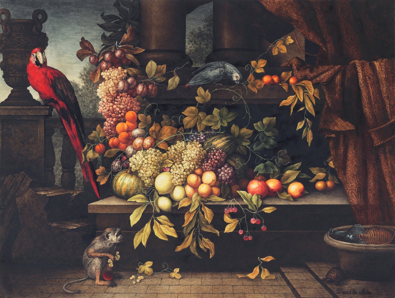 Ein Stillleben mit Früchten, Weinkühler, Affe, Papageien und einer Schildkröte in einer Vorhalle von David Emil Joseph de Noter