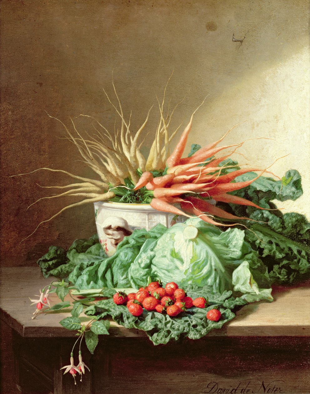 Stillleben mit Erdbeeren, Karotten und Kohl von David Emil Joseph de Noter