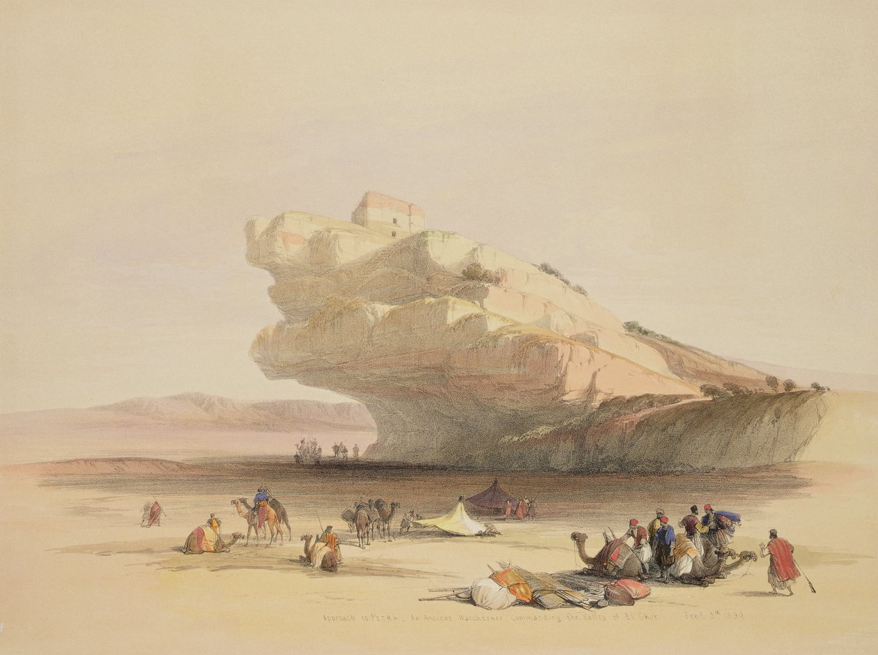 Zugang zu Petra, ein alter Wachturm, der das Tal von El Ghor beherrscht, 5. Februar 1839, Platte 93 aus Band III von 