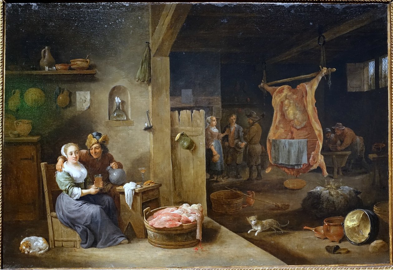 Flämisches Interieur mit geschlachtetem Ochsen von David Teniers the Younger