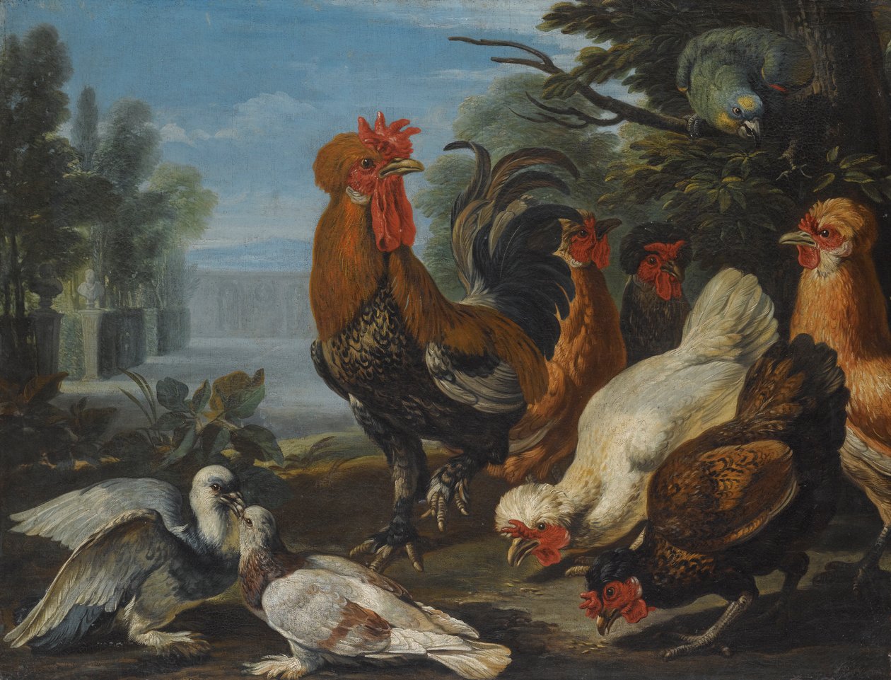 Ein Hahn, Hühner, Tauben und ein Papagei in einem Garten von David de Coninck