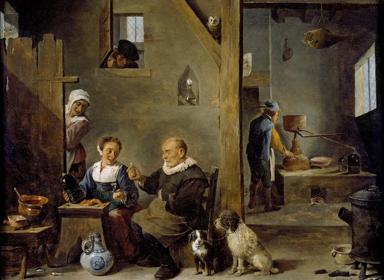 Eine Brennerei mit einem älteren Mann, der Gin von einer Frau kauft, ca. 1640-49 von David Teniers the Younger