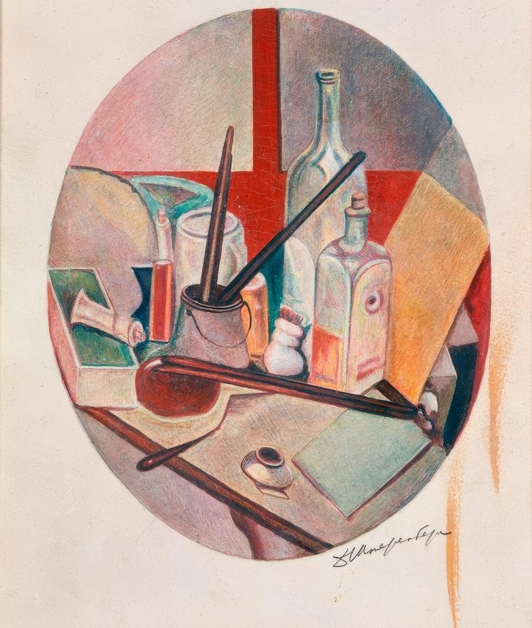 Ovales Stillleben mit Flasche und Malutensilien von David Petrowitsch Sterenberg