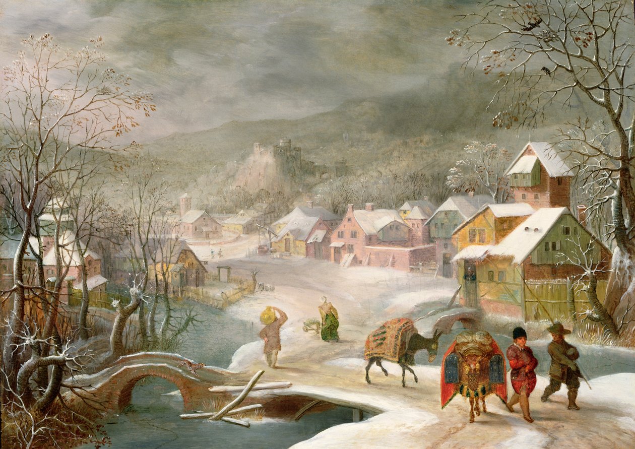 Winterlandschaft mit Reisenden auf einem Pfad von Denys van Alsloot