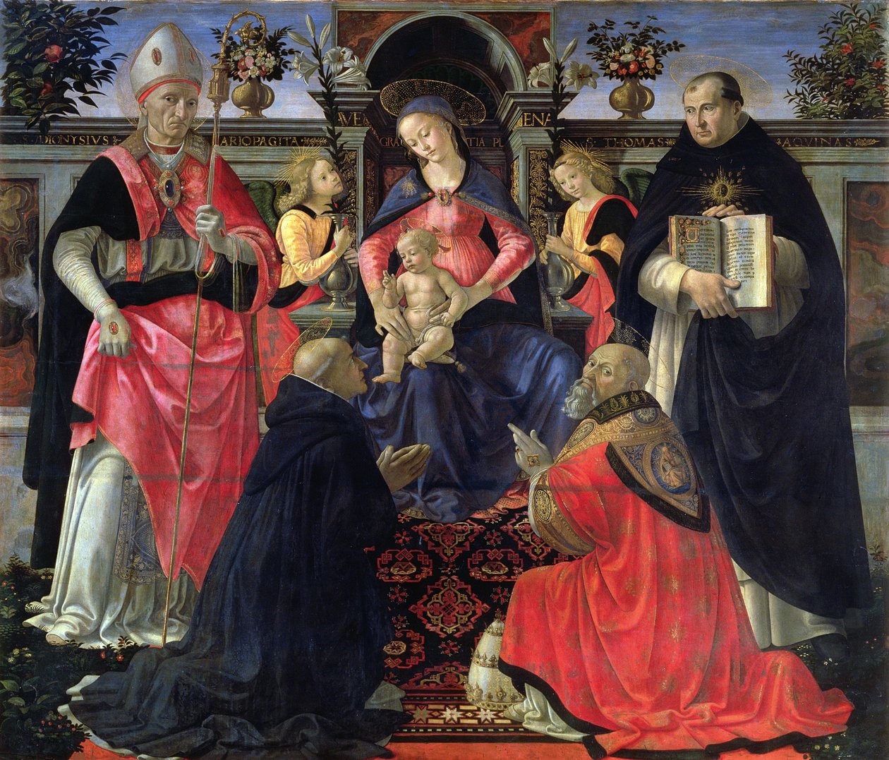 Madonna mit Kind auf dem Thron mit den Heiligen Dionysius, Aeropagita, Dominikus, Clemens und Thomas von Aquin, 1483 von Domenico Ghirlandaio